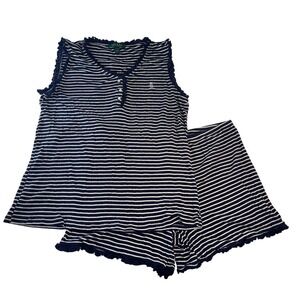 Vnt Lauren Ralph Lauren Pajama Set Navy White Striped Cotton Ruffle Tank/Shorts